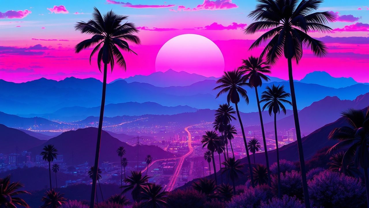 Chromatic Synthwave Grid Mountains at Sunset