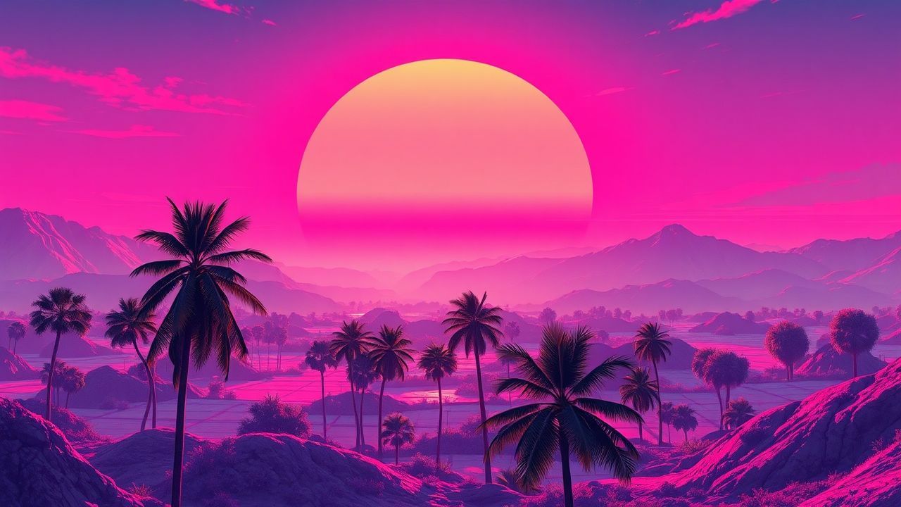 Retro Synthwave Grid Mountains at Sunset