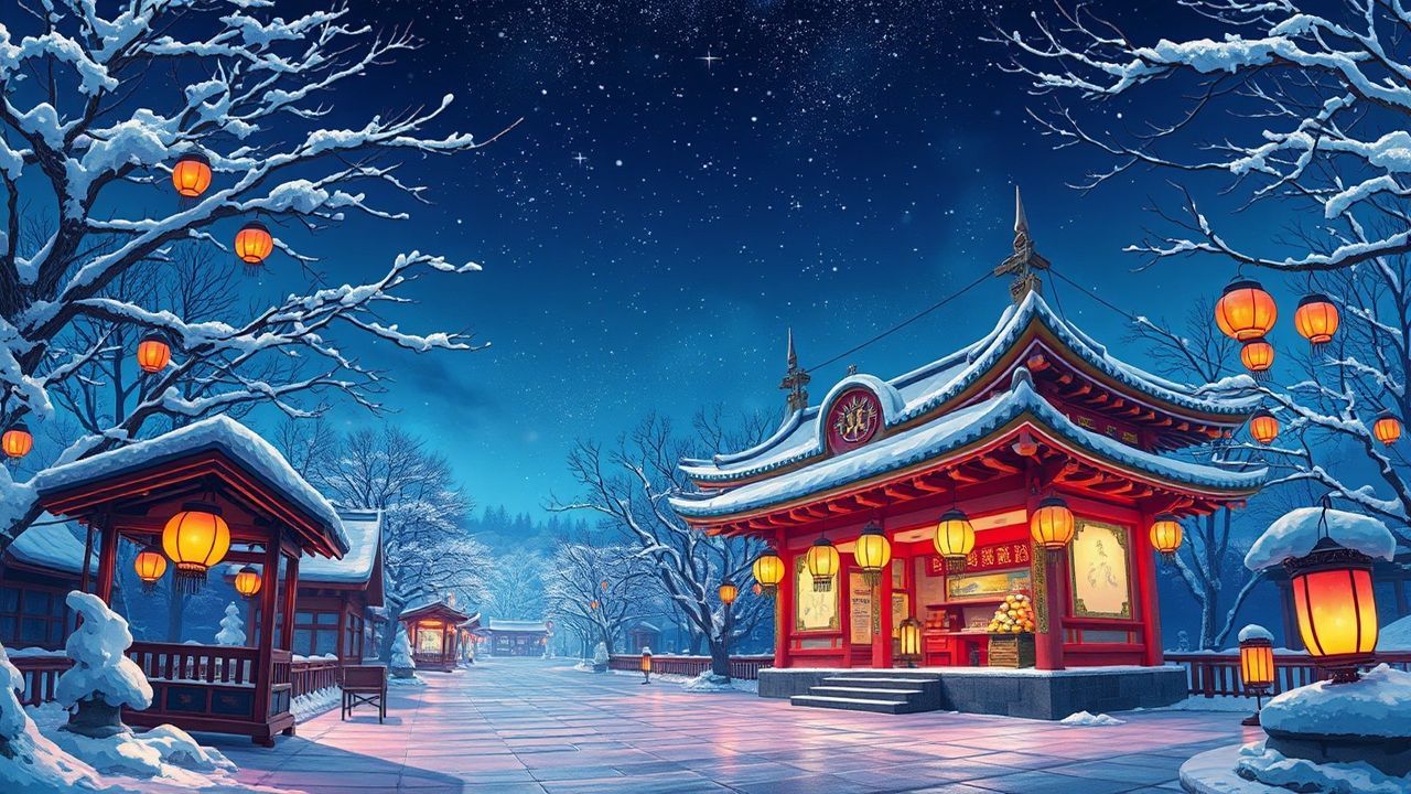 Dreamy Shrine Lanterns Anime in Winter