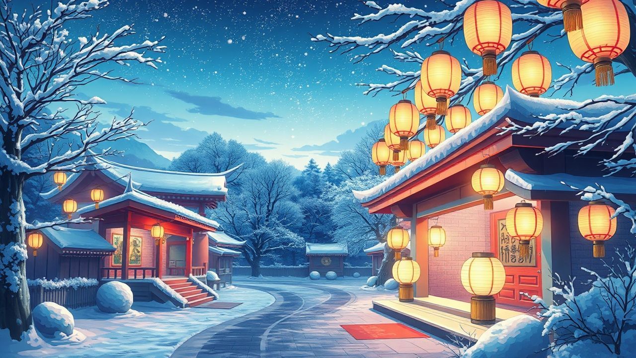 Radiant Shrine Lanterns Anime in Winter
