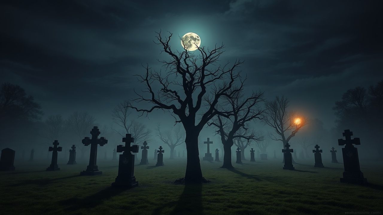 Eerie Graveyard Full Moon in the Mist