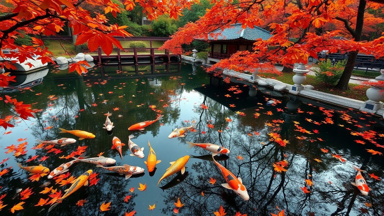 Pristine Japanese Koi Pond in Autumn