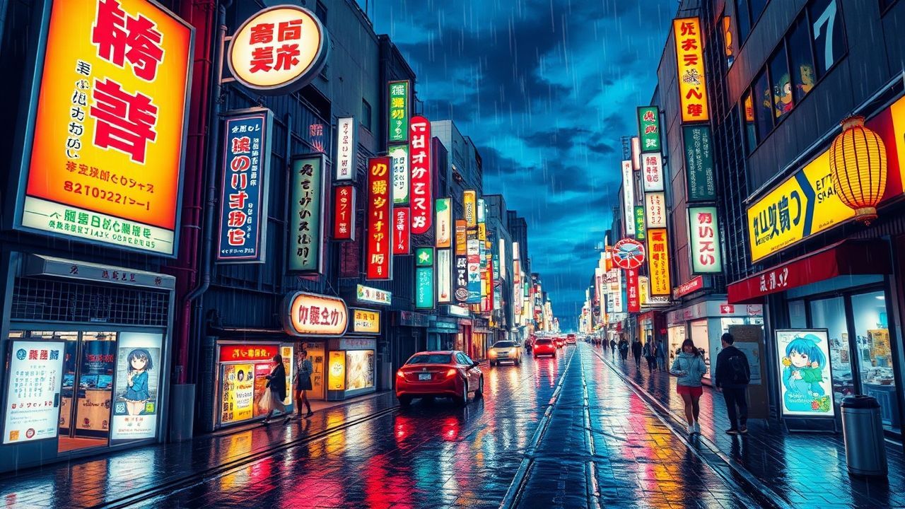 Vibrant Tokyo Street Signs in the Rain