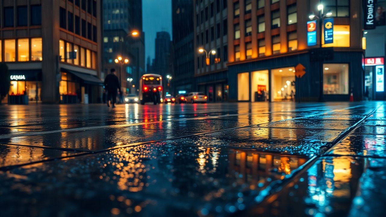Panoramic Street Reflections Lights in the Rain