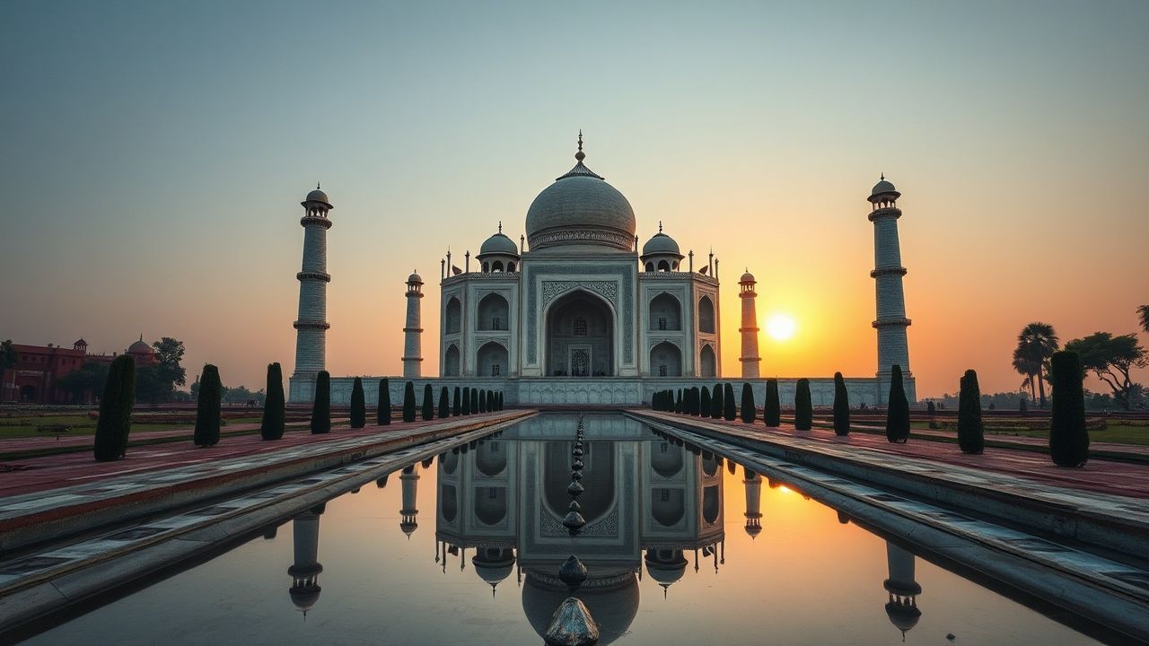 Majestic Taj Mahal Symmetry at Sunrise
