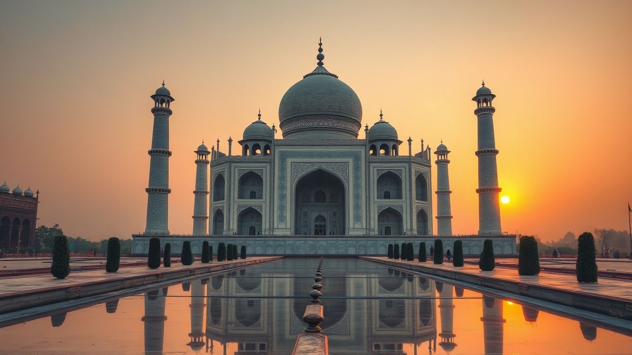 Ancient Taj Mahal Symmetry at Sunrise