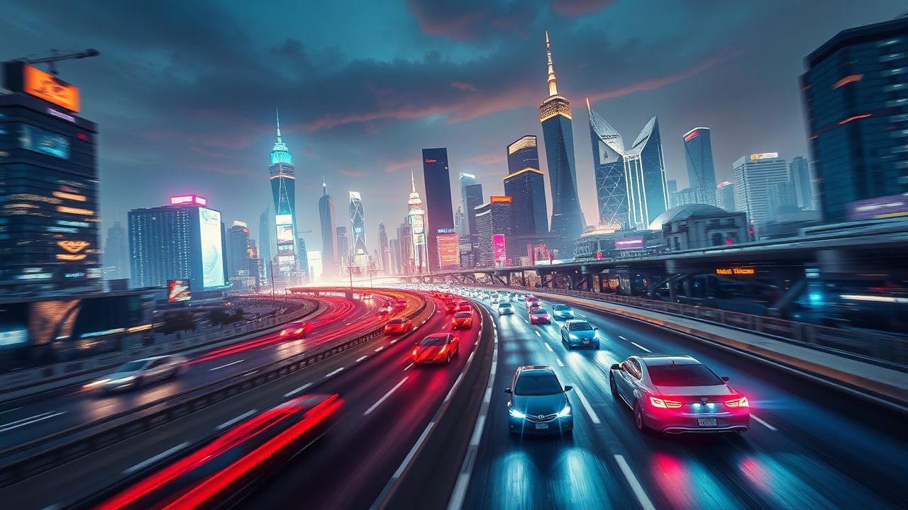 Luminous Flying Cars Traffic Neon Dreams