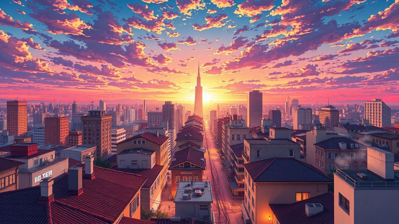 Enchanting Anime Cityscape Hour in Golden Light