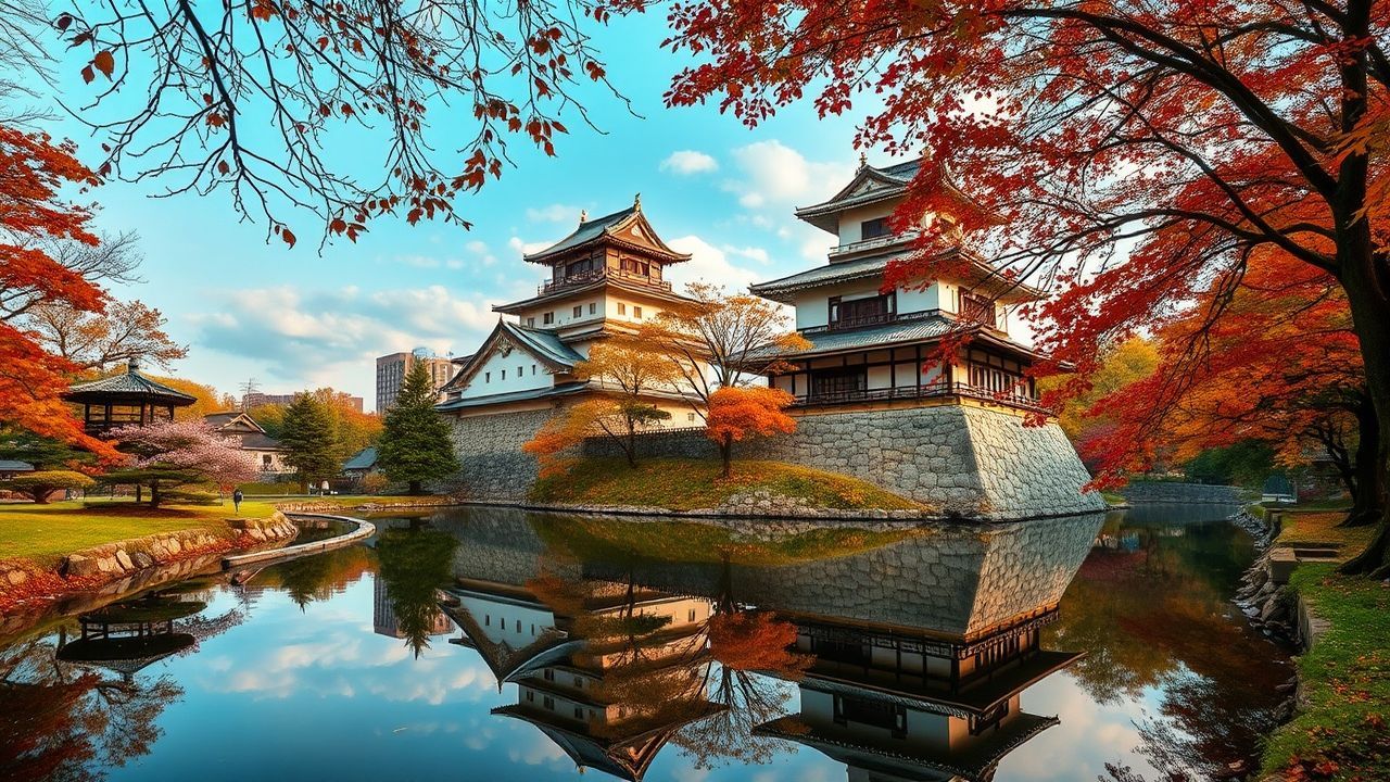 Peaceful Japanese Castle Maple in Autumn