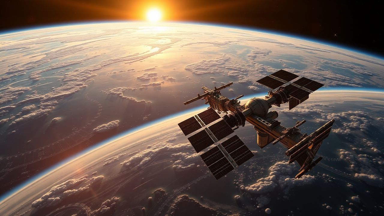 Eternal Space Station Orbiting at Sunrise