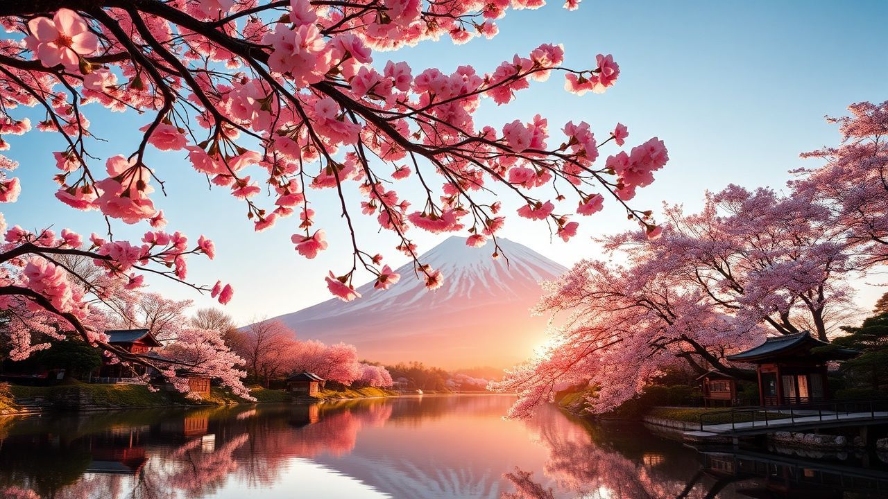 Golden Mt. Fuji Cherry Blossoms in Spring