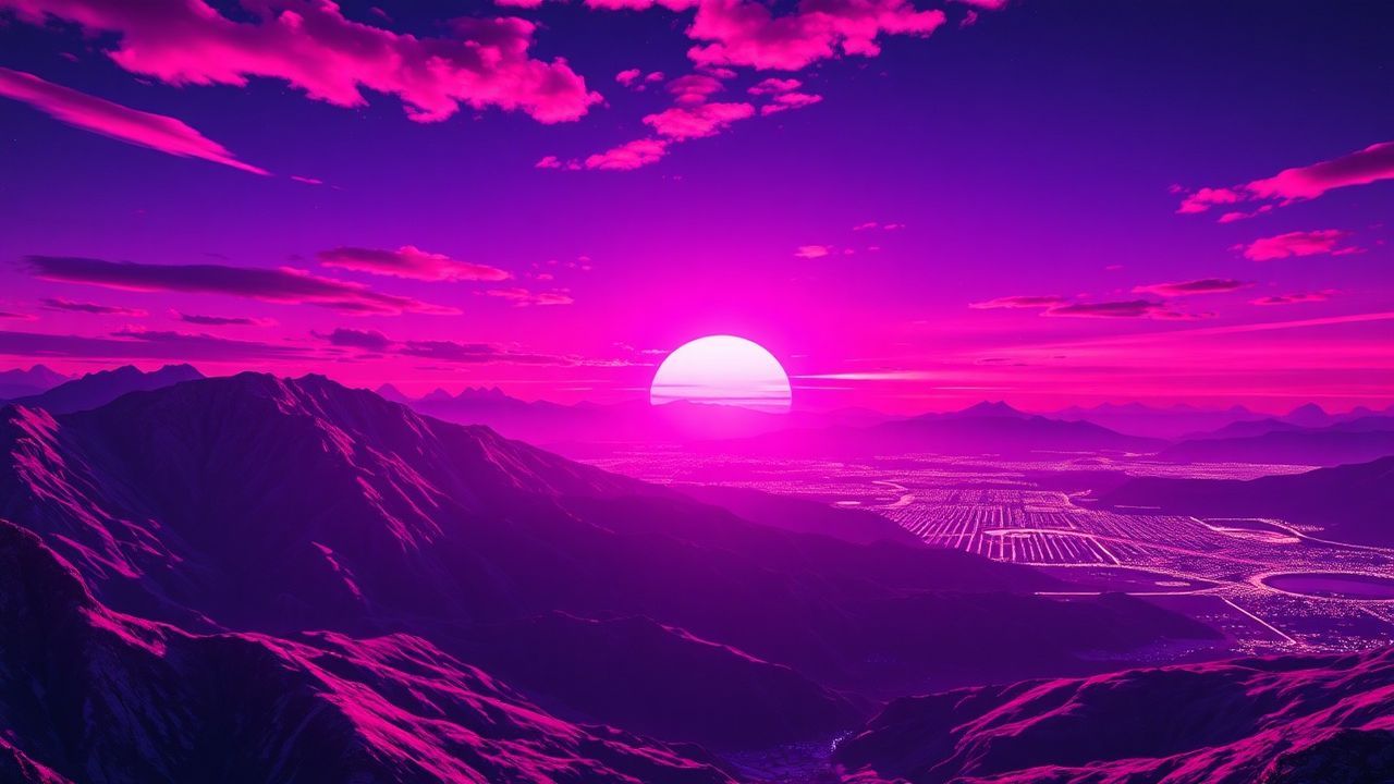 Digital Vaporwave Grid Mountains at Sunset