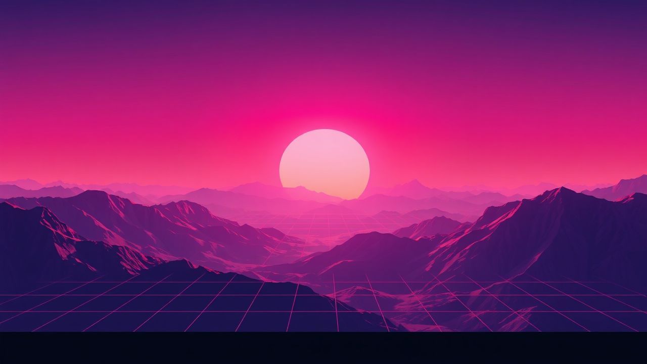 Liminal Vaporwave Grid Mountains at Sunset