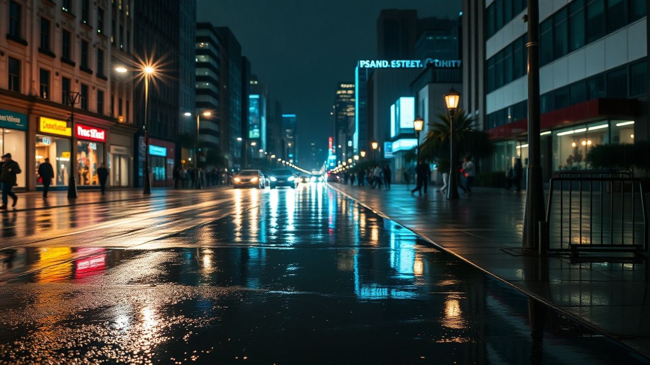 Panoramic Street Reflections Lights in the Rain