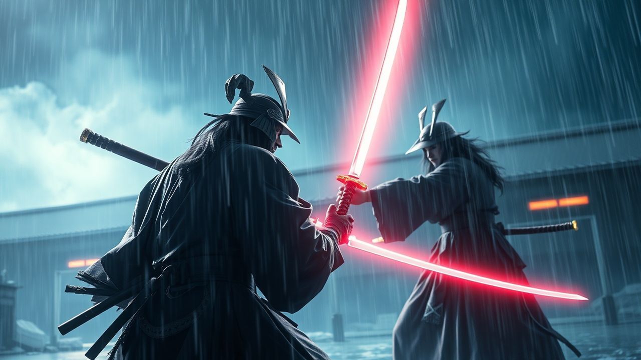 Shadowy Samurai Duel Dark in the Rain