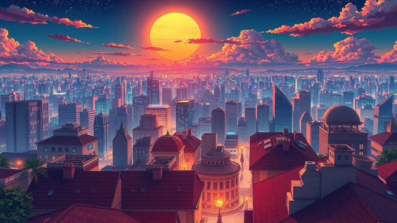 Pastel Anime Cityscape Hour in Golden Light