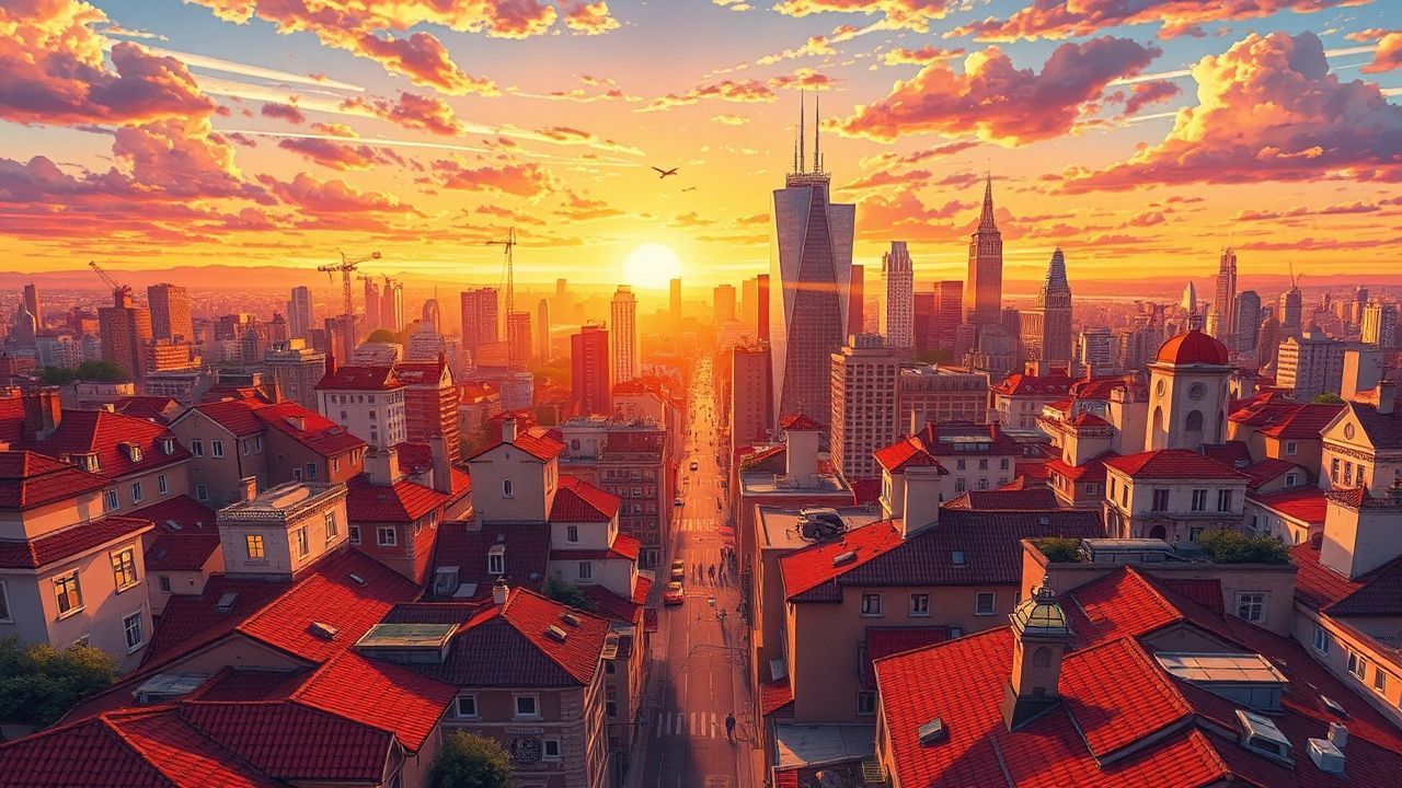 Luminous Anime Cityscape Hour in Golden Light