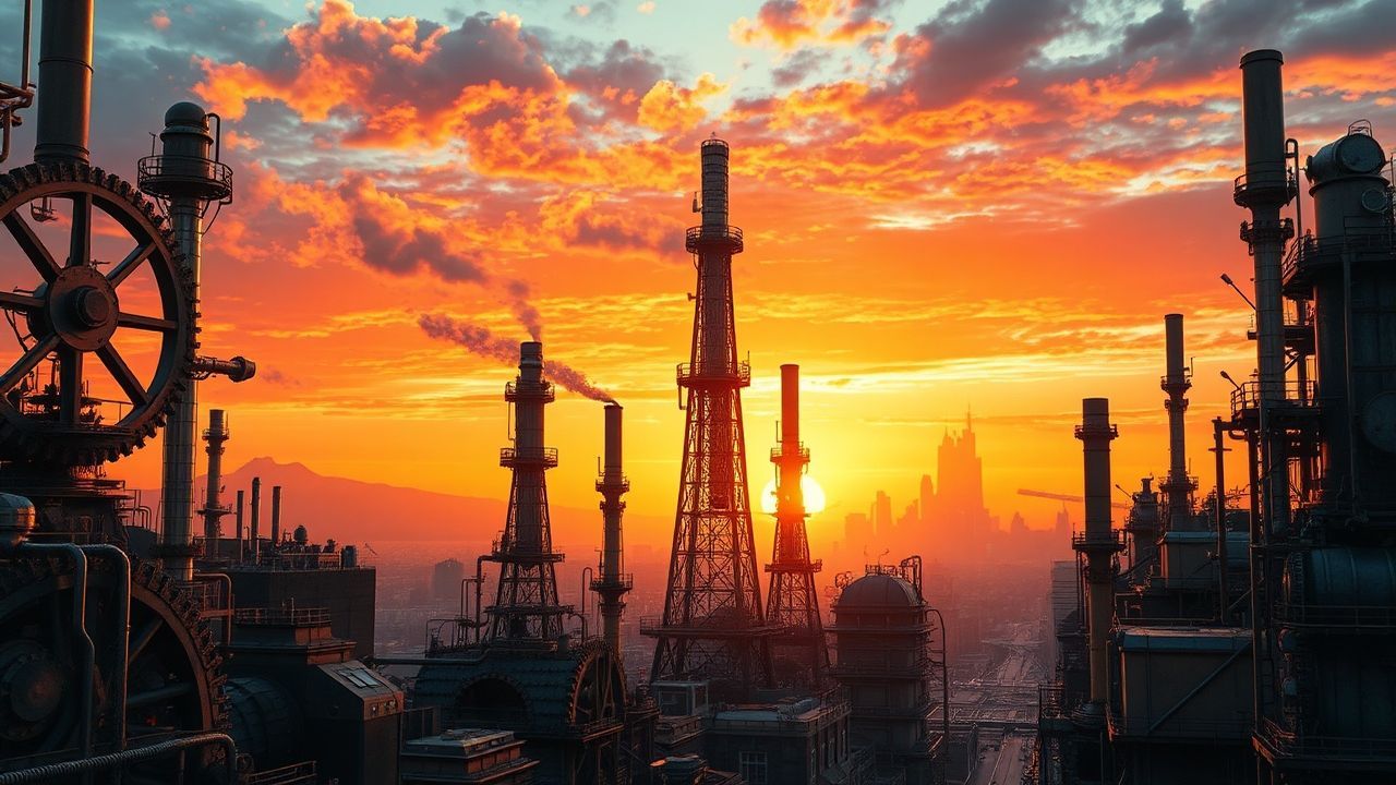 Victorian Steampunk City Brass at Sunset