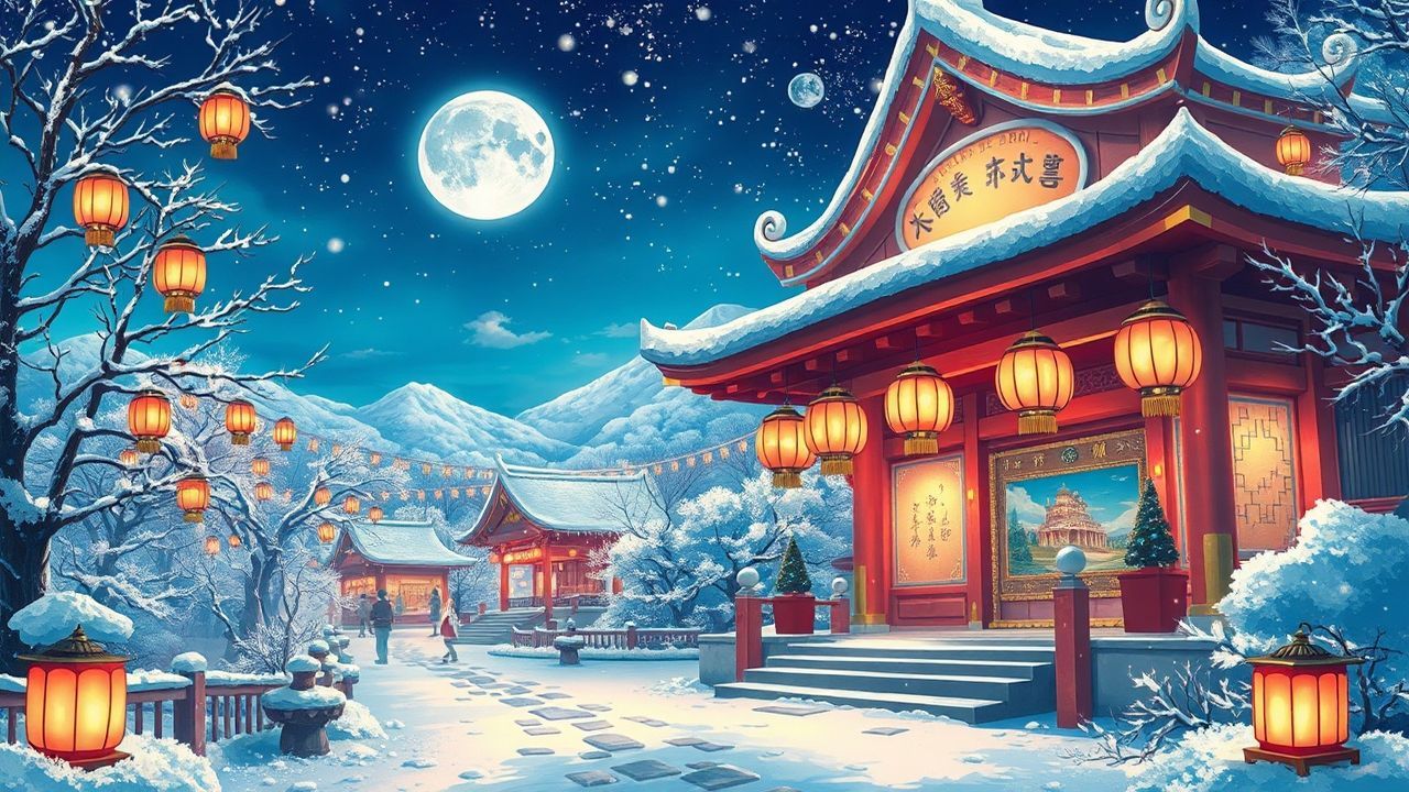 Dreamy Shrine Lanterns Anime in Winter