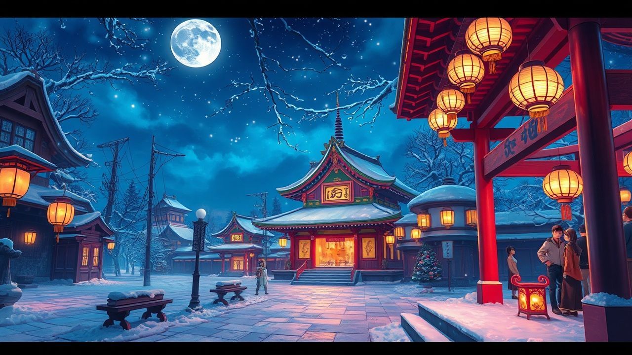 Vibrant Shrine Lanterns Anime in Winter