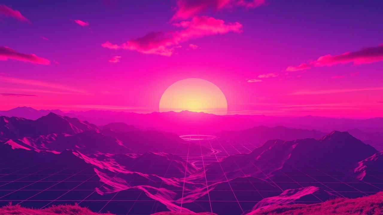 Neon Vaporwave Grid Mountains at Sunset