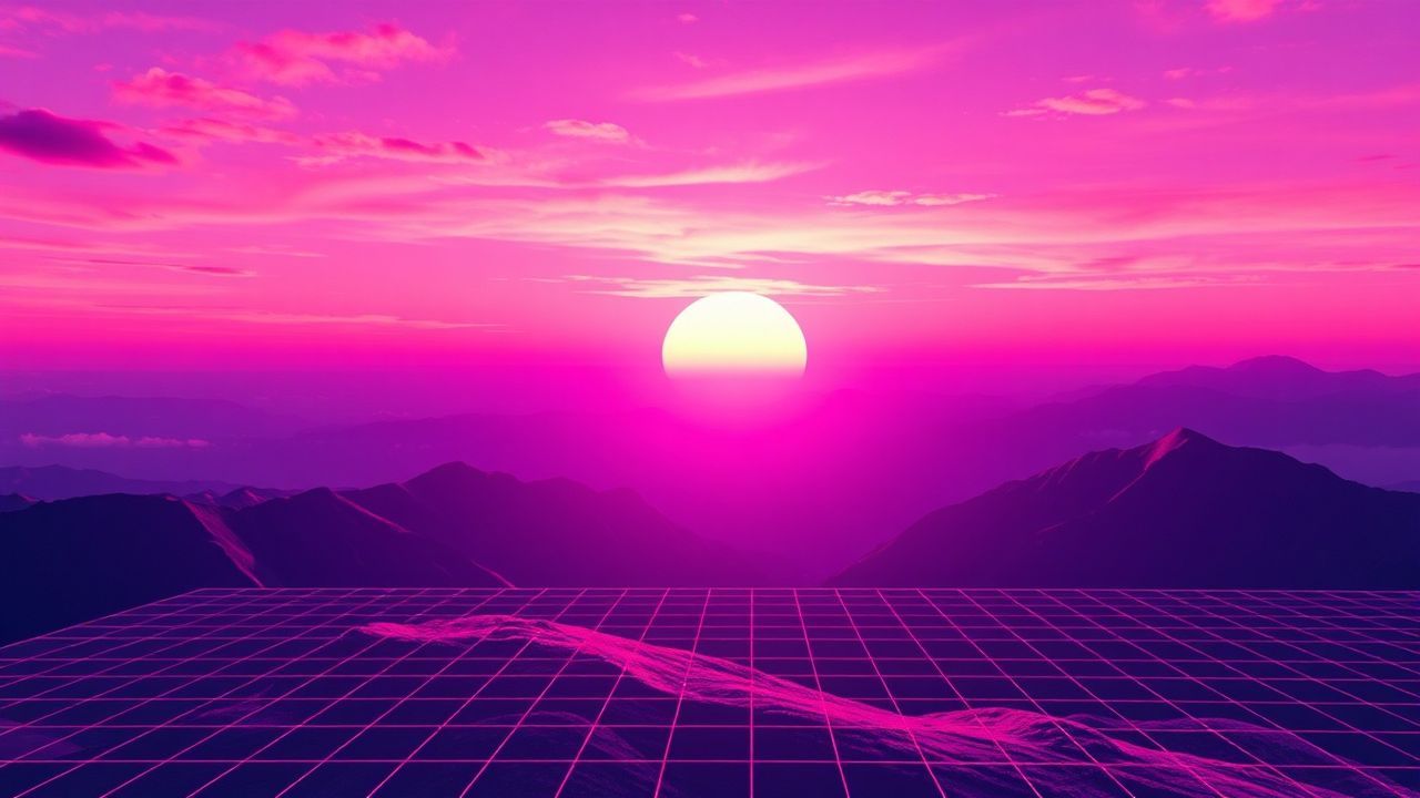 Retro Vaporwave Grid Mountains at Sunset