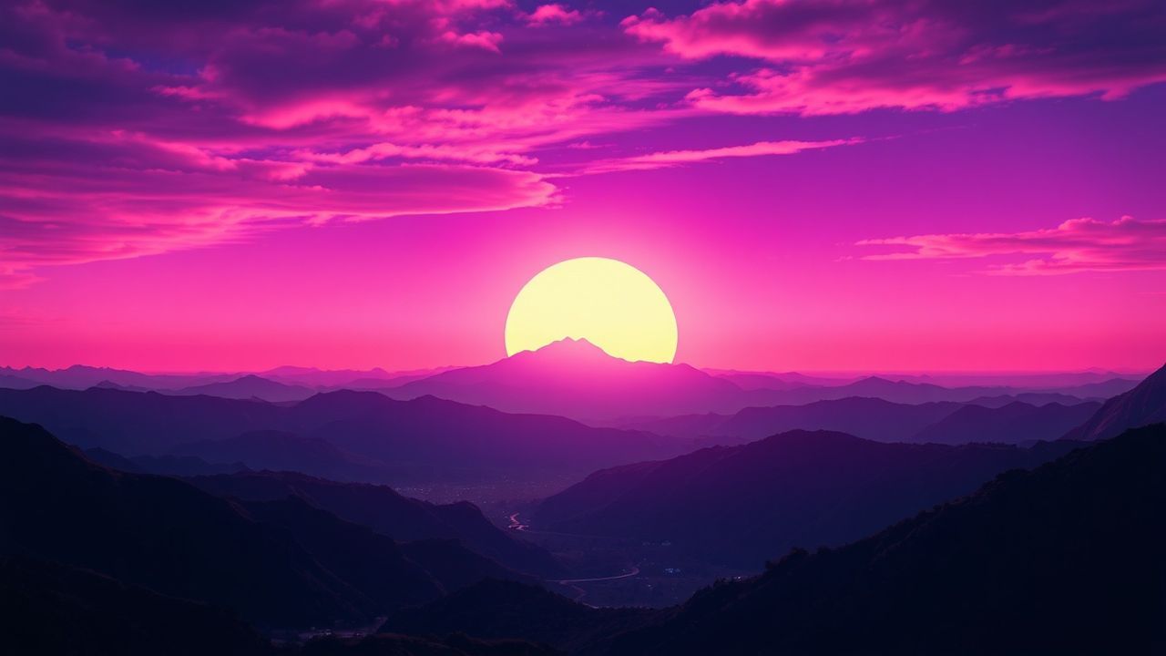 Neon Vaporwave Grid Mountains at Sunset