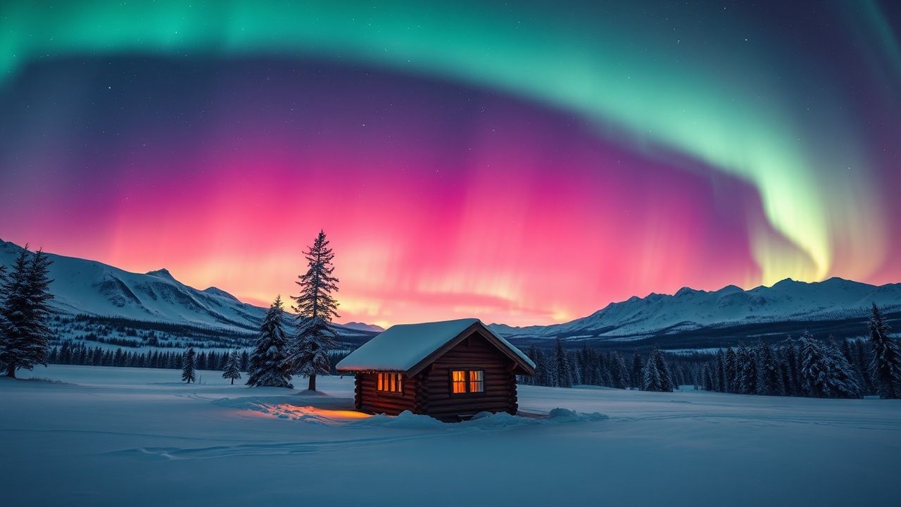 Golden Northern Lights Cabin in Winter