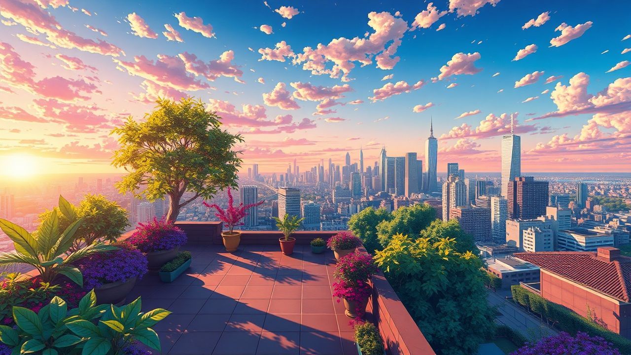Gentle Rooftop Garden City at Sunset