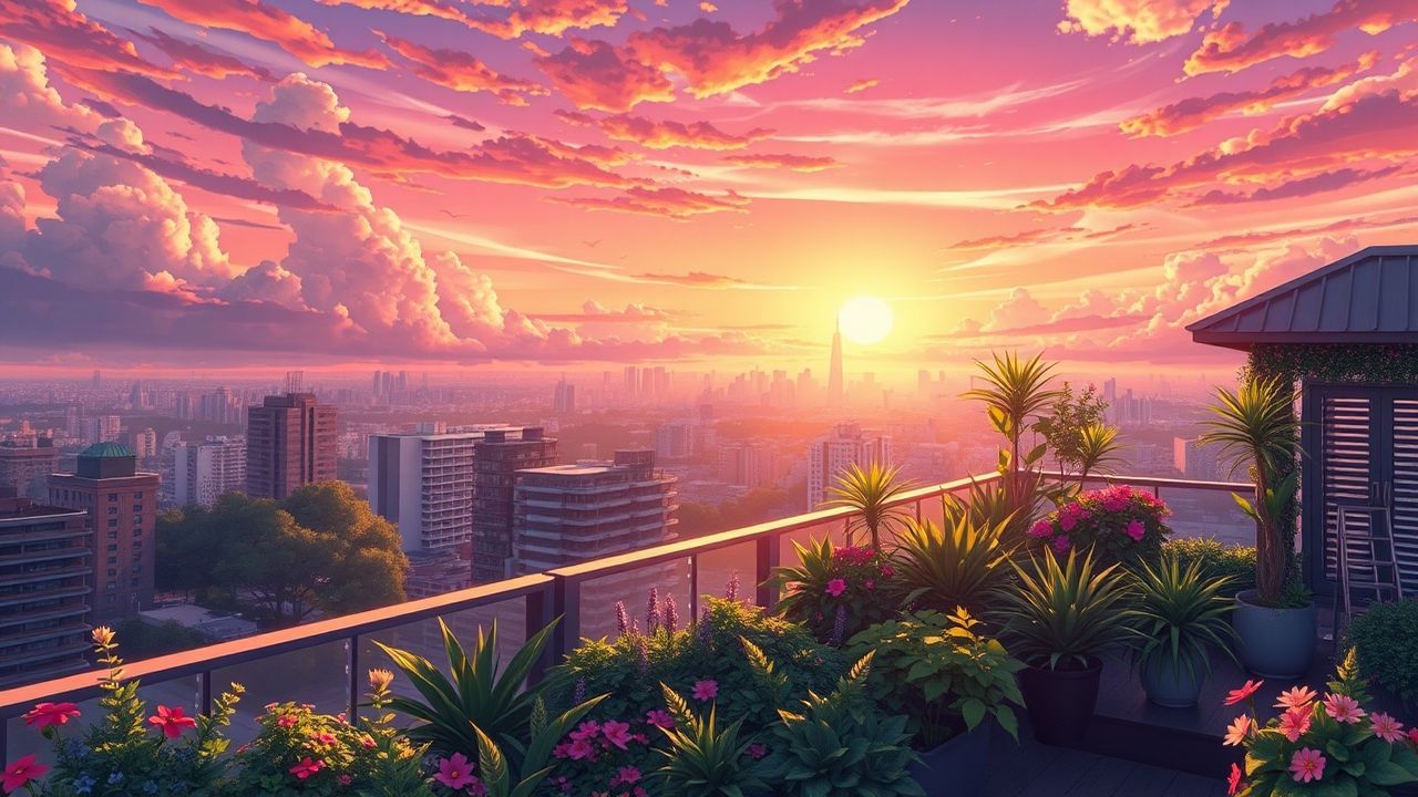 Blissful Rooftop Garden City at Sunset