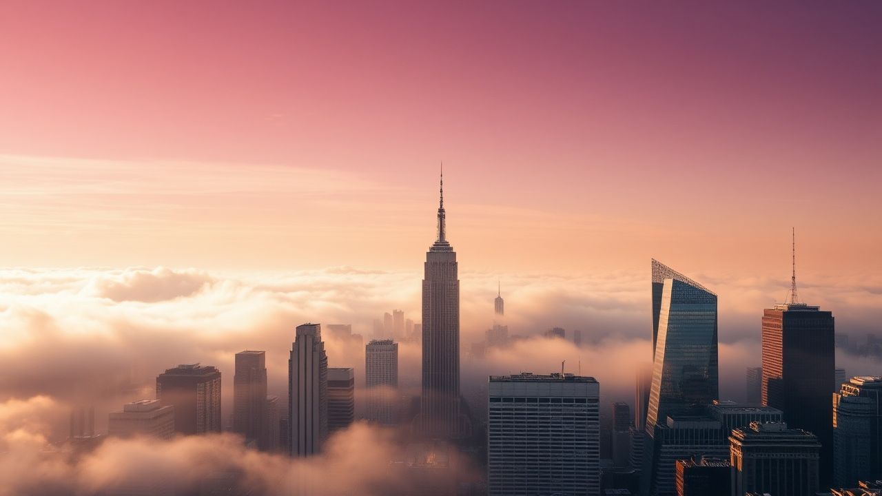 Metropolitan City Skyscrapers Emerging in the Mist