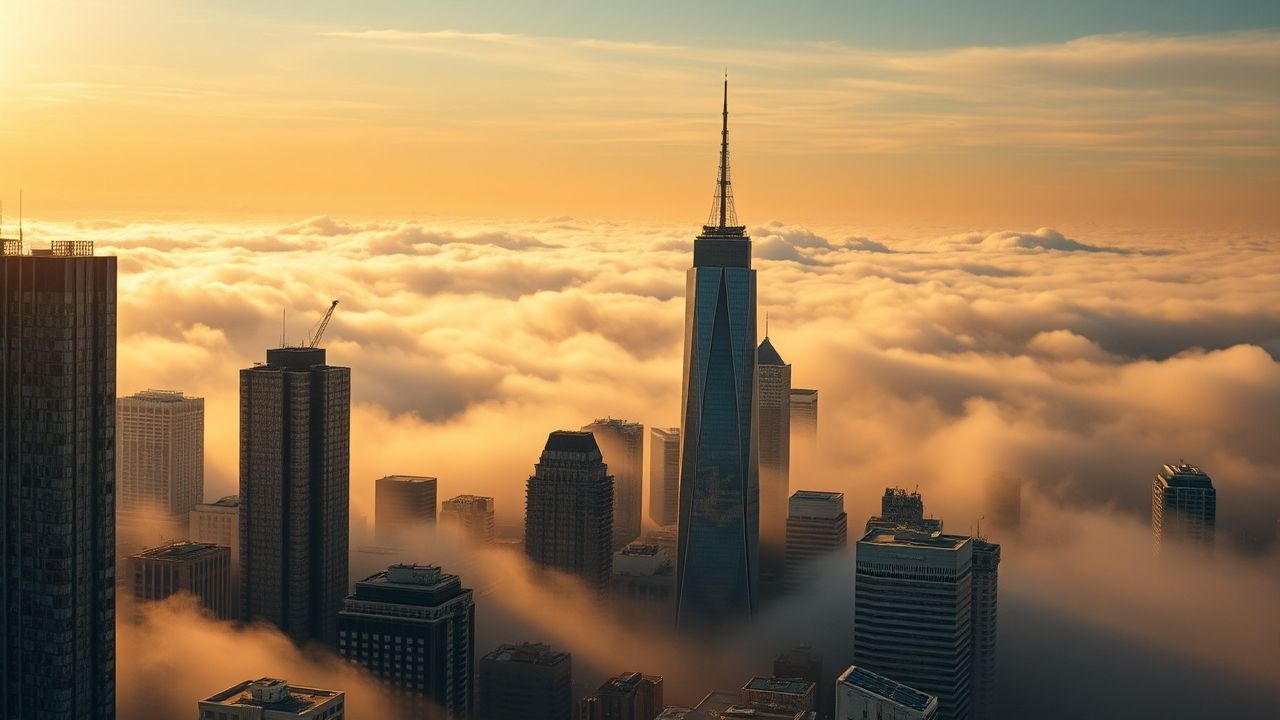 Vibrant City Skyscrapers Emerging in the Mist