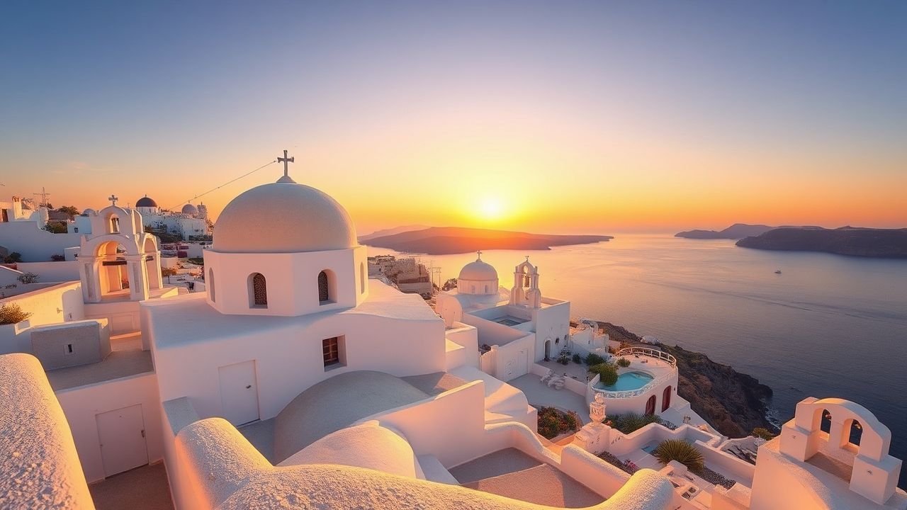 Vibrant Santorini Domes White at Sunset