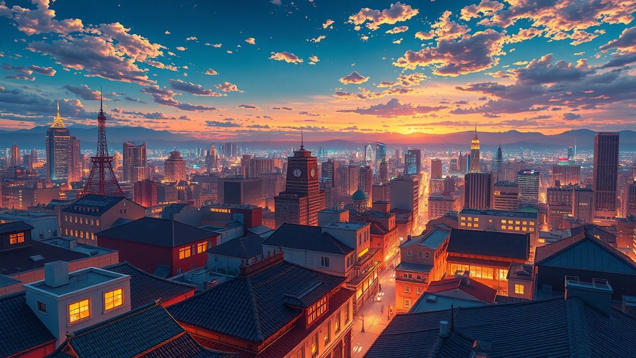 Radiant Anime Cityscape Hour in Golden Light