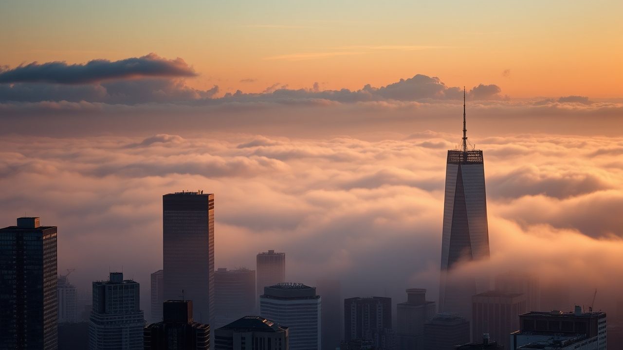 Towering City Skyscrapers Emerging in the Mist