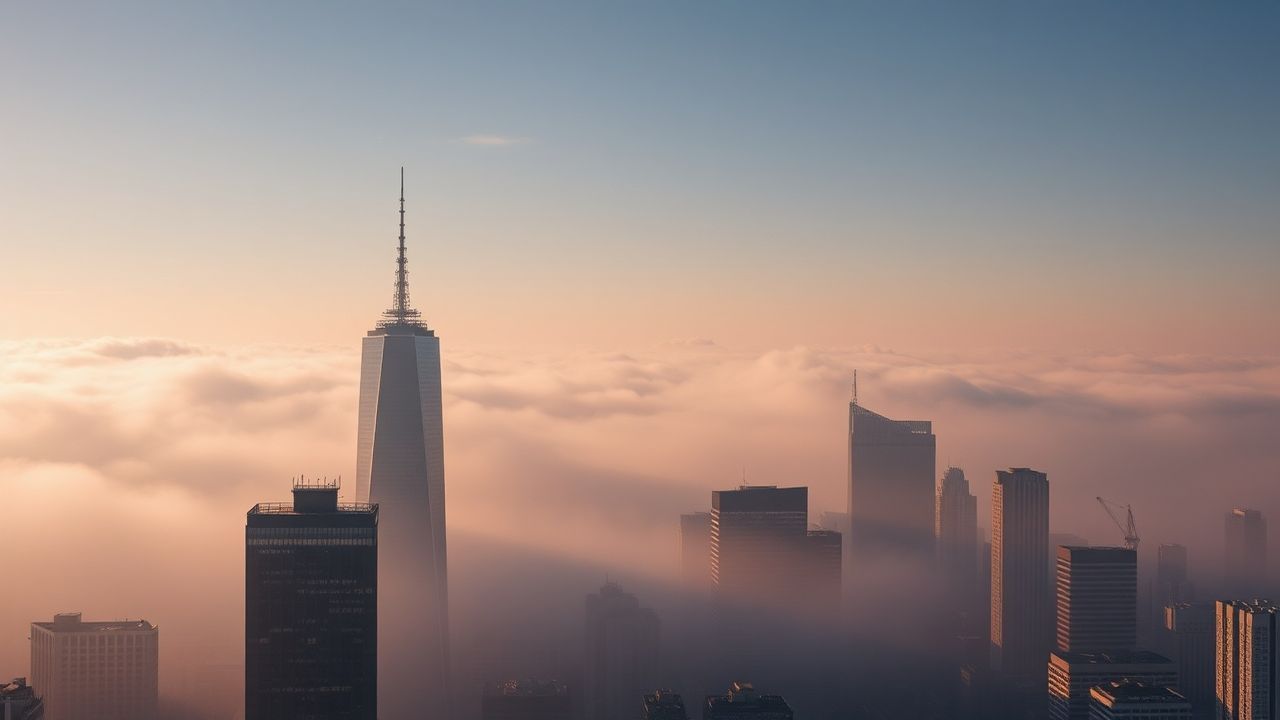 Towering City Skyscrapers Emerging in the Mist