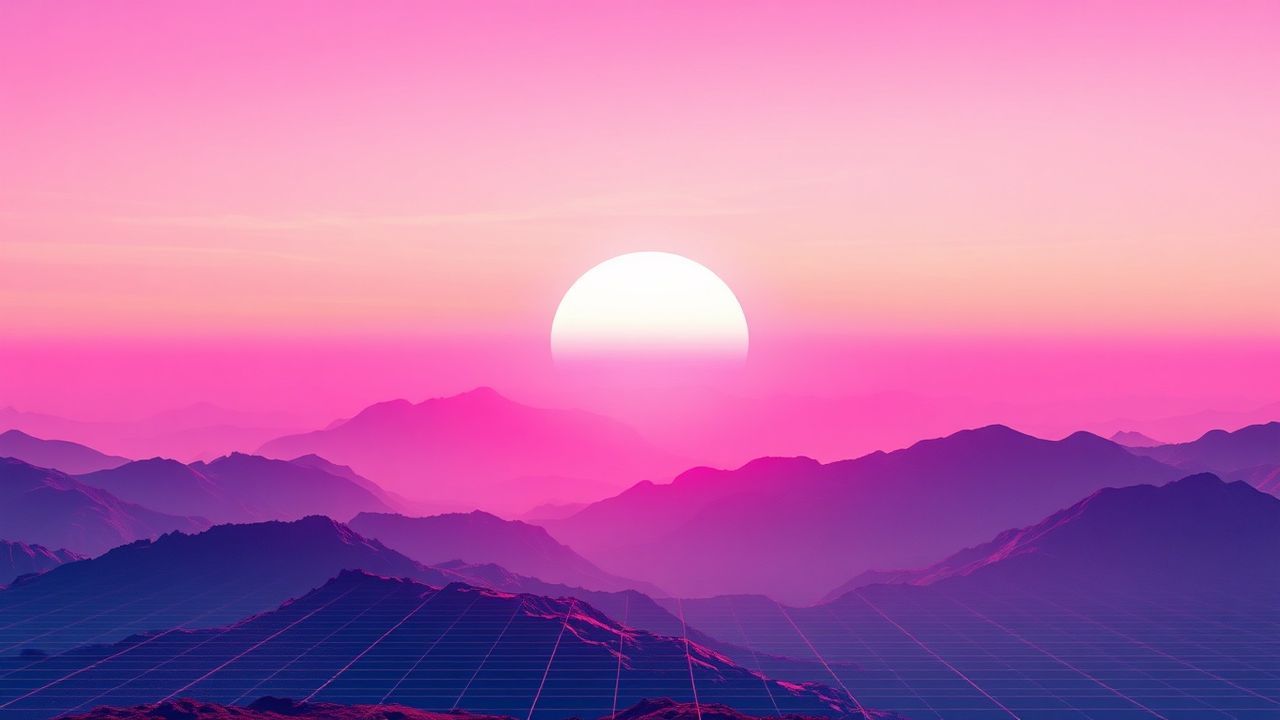Liminal Vaporwave Grid Mountains at Sunset