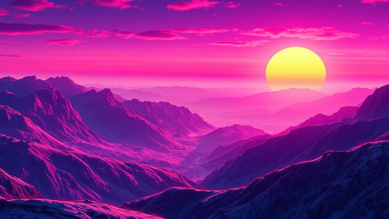 Neon Vaporwave Grid Mountains at Sunset