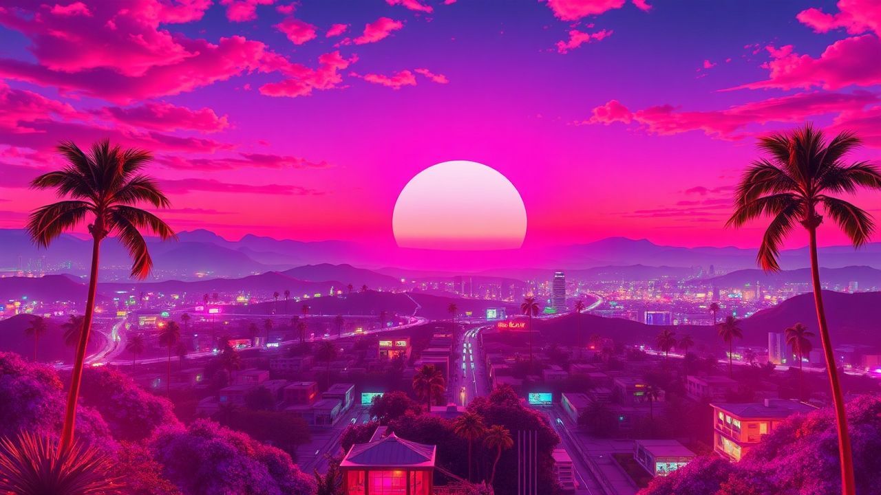 Nostalgic Synthwave Grid Mountains at Sunset