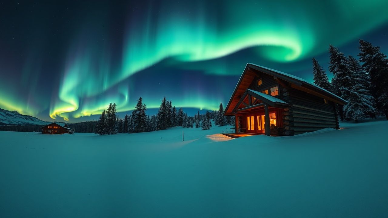 Golden Northern Lights Cabin in Winter