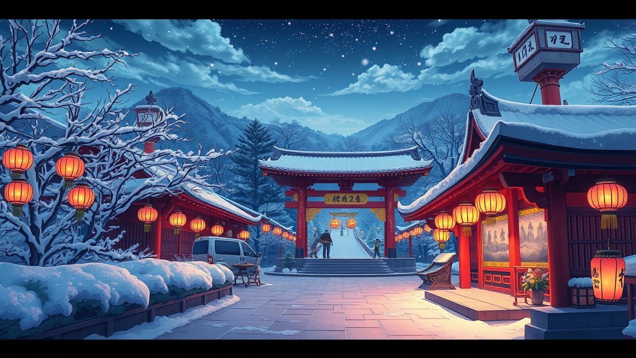Whimsical Shrine Lanterns Anime in Winter