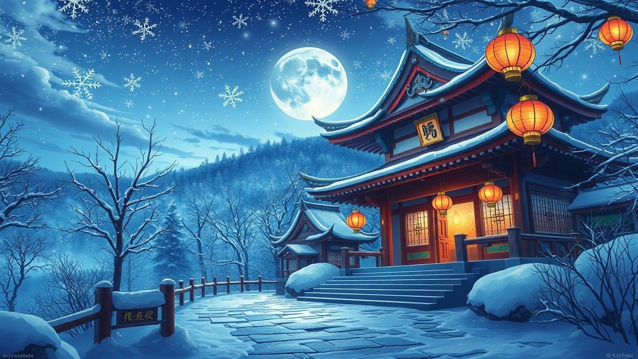 Peaceful Shrine Lanterns Anime in Winter
