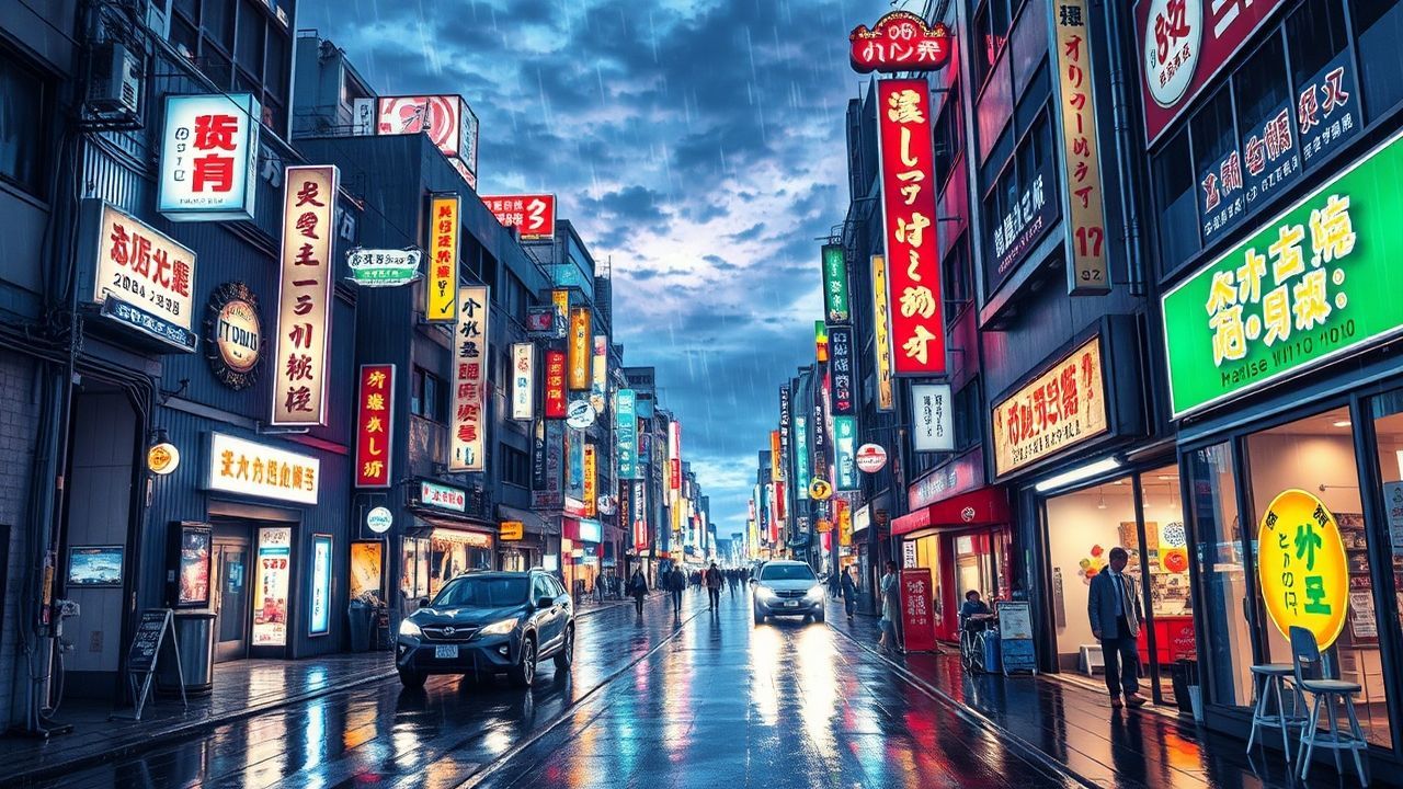 Peaceful Tokyo Street Signs in the Rain