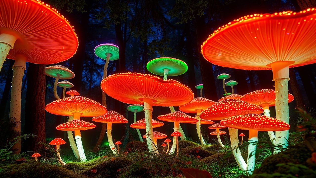 Wondrous Bioluminescent Mushroom Forest Glow