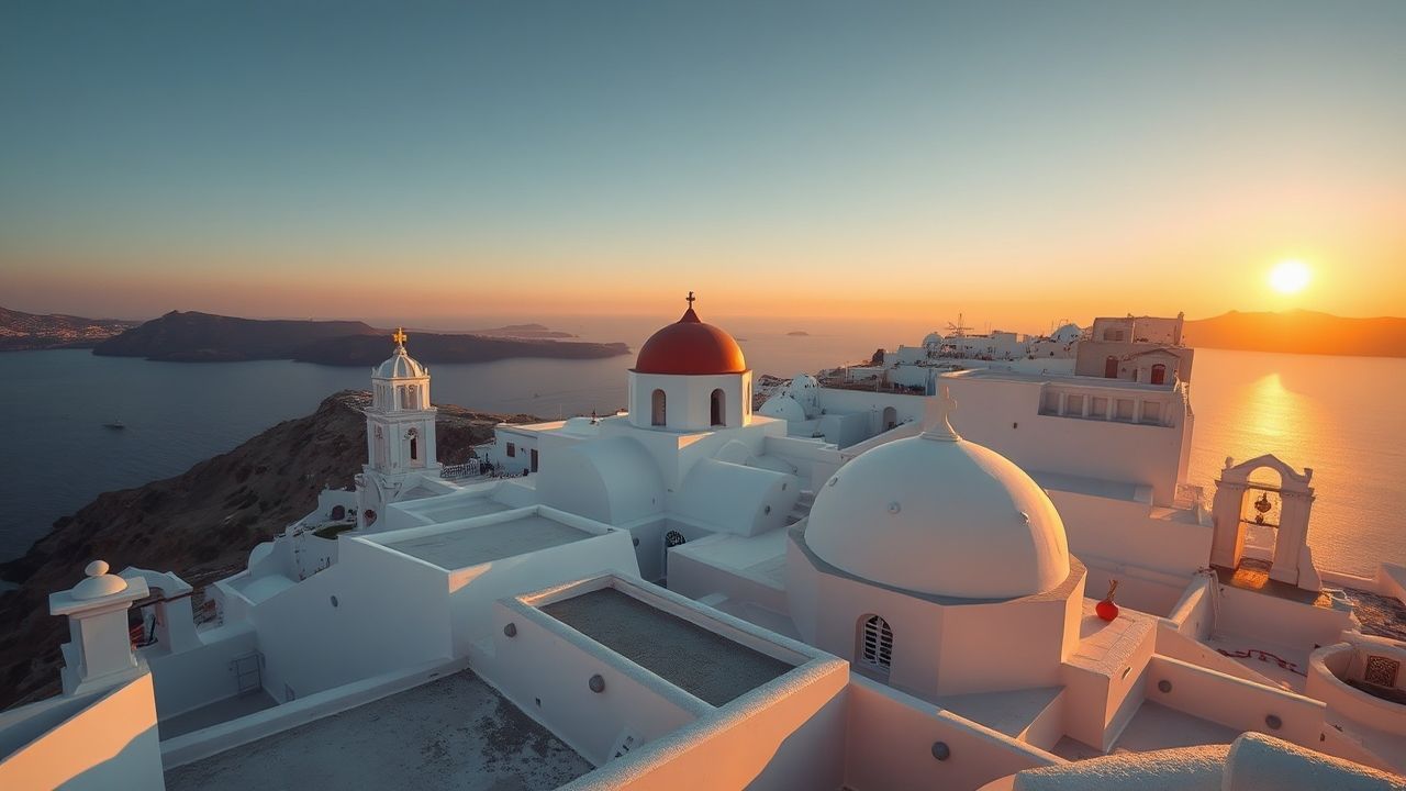 Vibrant Santorini Domes White at Sunset