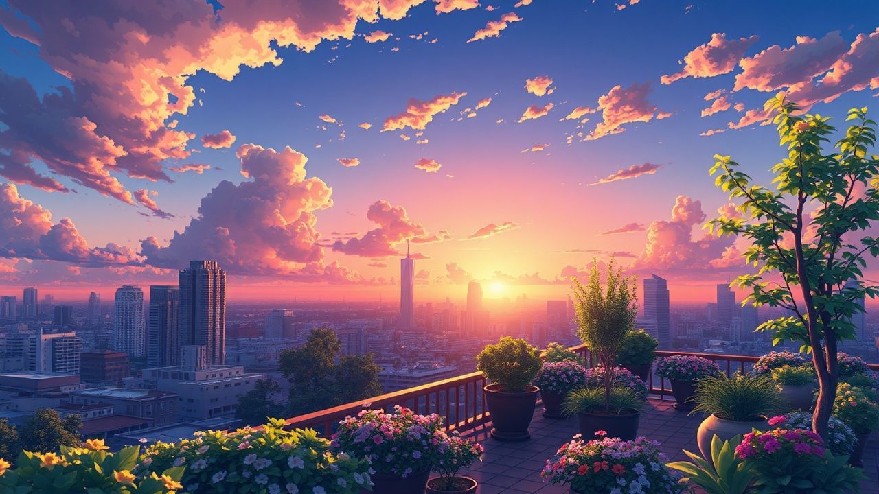 Vibrant Rooftop Garden City at Sunset