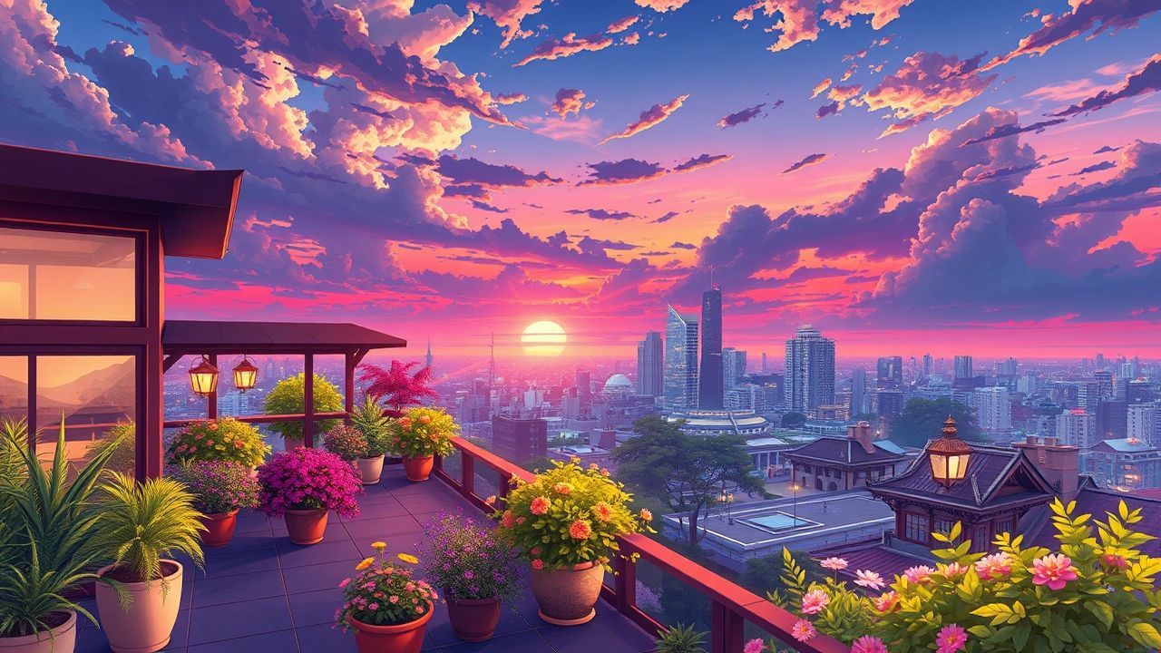 Dreamy Rooftop Garden City at Sunset