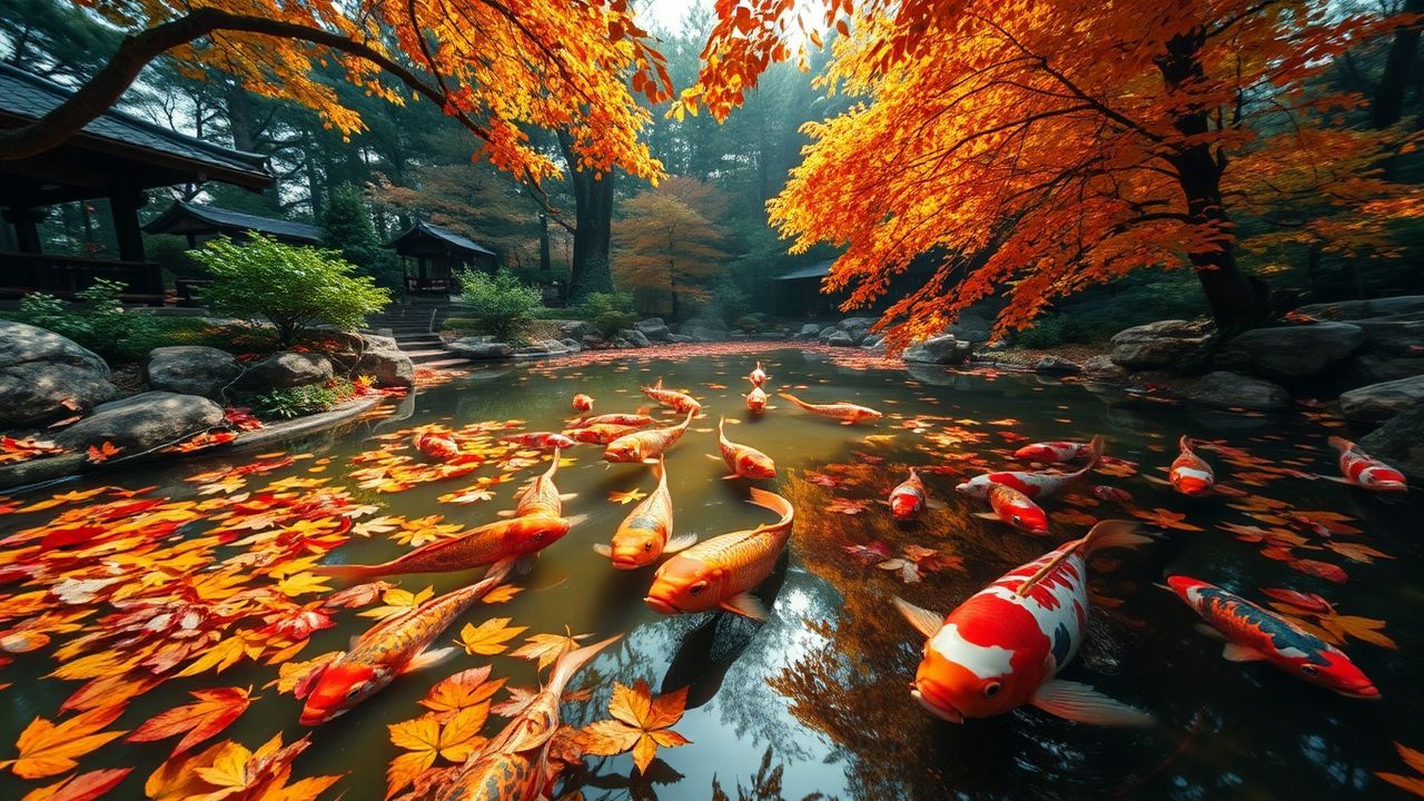 Tranquil Japanese Koi Pond in Autumn