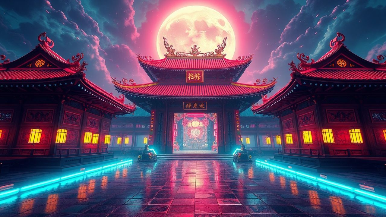 Blazing Temple Shrine Traditional Neon Dreams