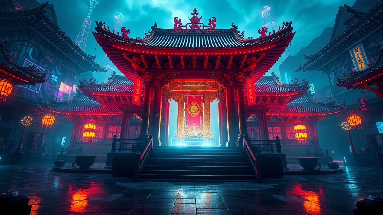 Futuristic Temple Shrine Traditional Neon Dreams